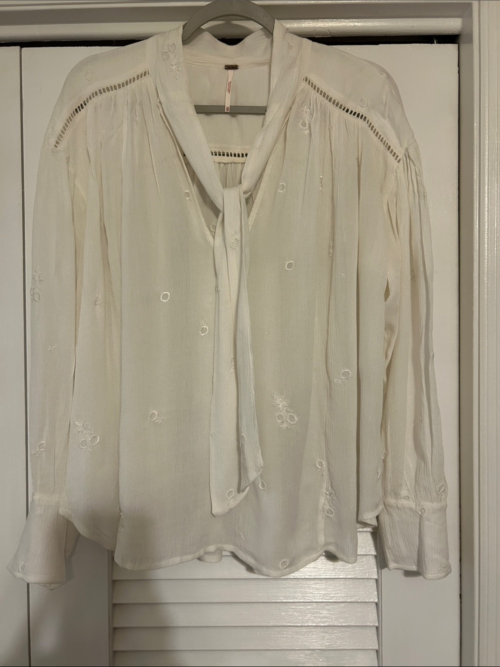 We The Free Cream Tie-Neck Embroidered Blouse